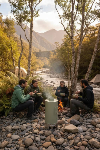 Four people sitting around a small outdoor stove fire at a rocky riverside campsite, with mountains, trees, and tents in the background.