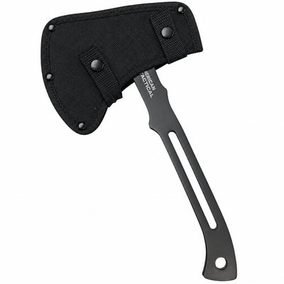 Black axe with wooden handle on a white background