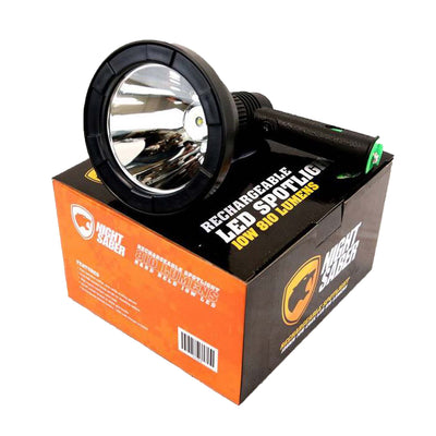 back handheld spotlight sitting on a box