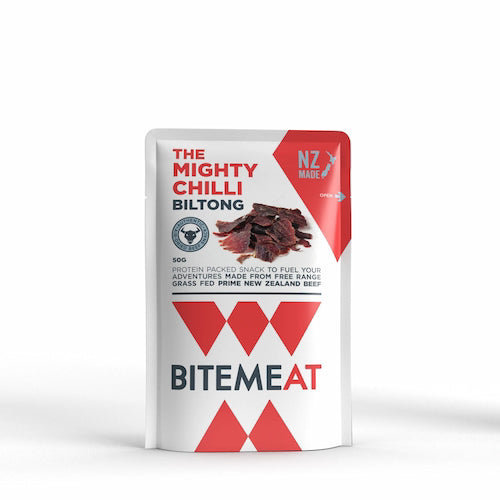 Biltong packaging with 'The Mighty Chilli' branding on a white background