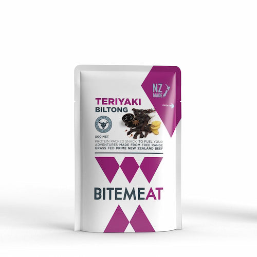 BiteMeAT teriyaki biltong packaging on a white background
