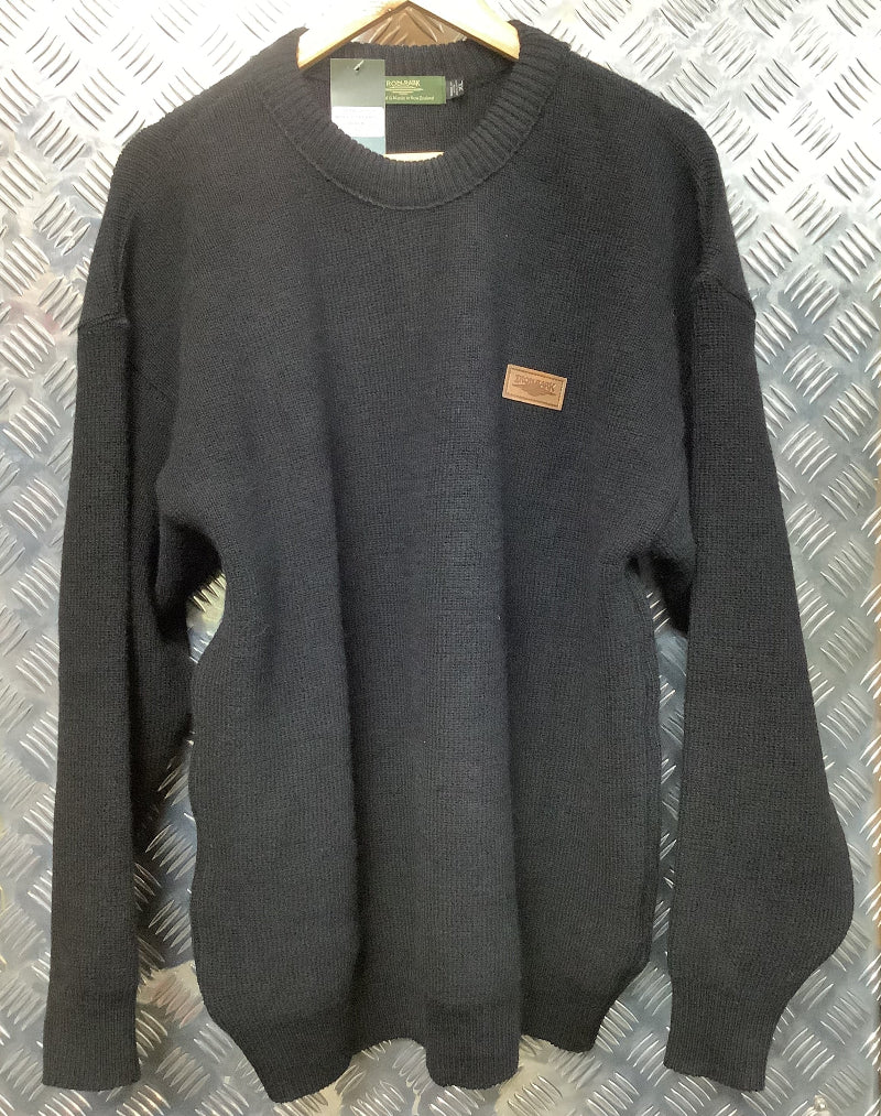A black Ironbark Pure New Zealand Wool Fisherknit Rib Crew Neck Jersey.