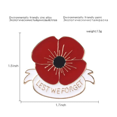 ANZAC LEST WE FORGET enamel poppy badge - Black, White, Silver or Gold