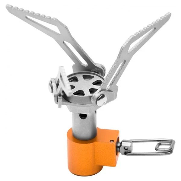 Portable camping stove with orange base and silver top on a white background