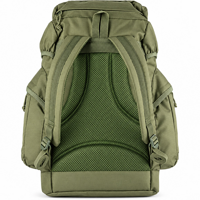 Green backpack with a mesh back panel on a white background