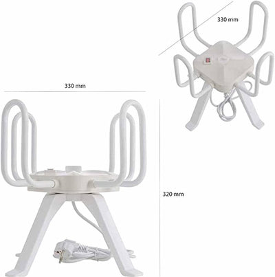 White electronic device with antenna and power cable, measurements indicated.