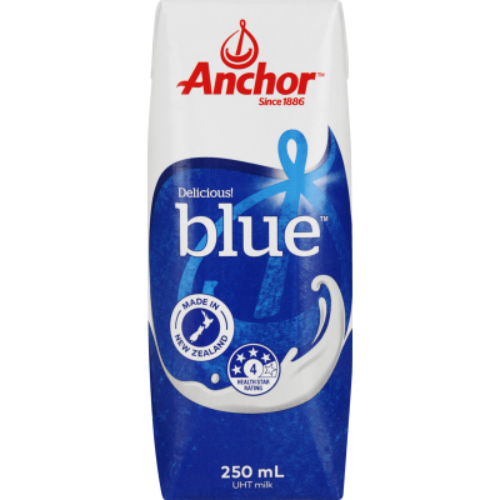 A pack of Anchor Blue UHT Milk in a 250ml carton, featuring the brand logo, product name, and a blue ribbon design indicating its delicious flavor.