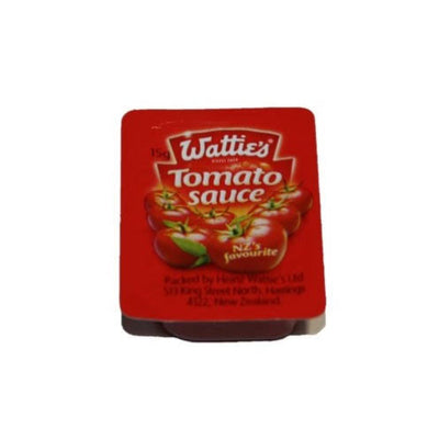A packaged single serve Watties tomato sauce sachet.