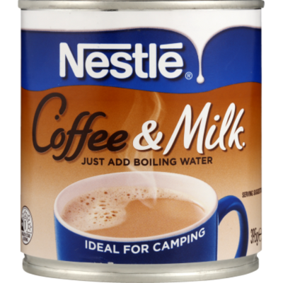 A canister of Nestle Coffee & Milk with the text 'Just add boiling water' and 'IDEAL FOR CAMPING' on it.