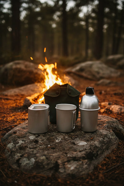 Three camping mugs and a metal water bottle arranged on a rock beside a campfire in a forest setting.