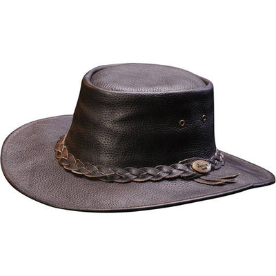 Brown leather hat with braided band on a white background