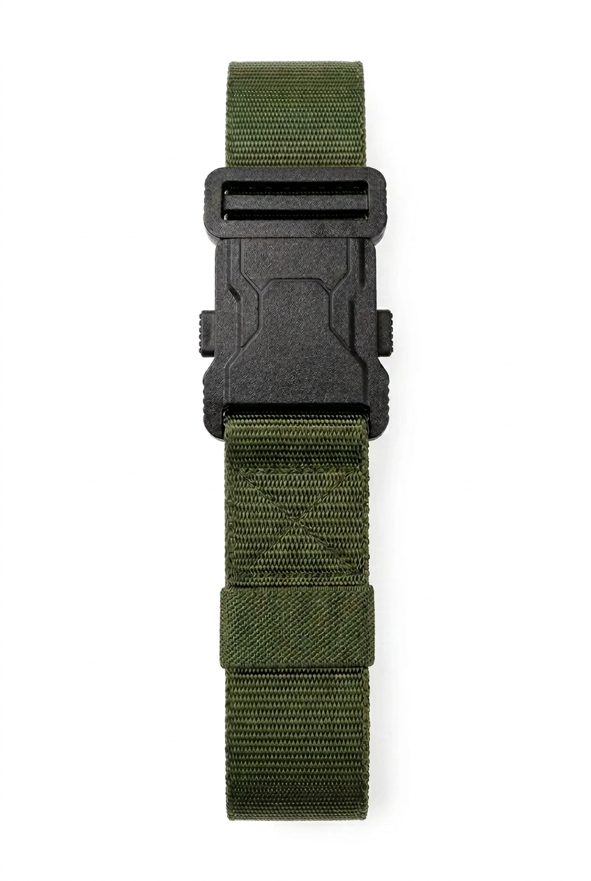 An olive green webbed strap with a black plastic quick-release buckle, shown vertically on a plain white background.