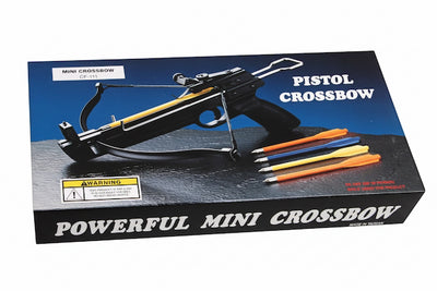 Boxed toy crossbow labeled 'PISTOL CROSSBOW' and 'POWERFUL MINI CROSSBOW' on a plain white background. The packaging shows a black crossbow with yellow accents and several colored arrows.