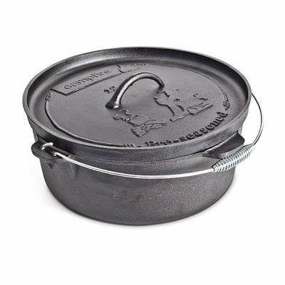 A black cast iron 12 quart pot, with campfire brand printed on it with a white background