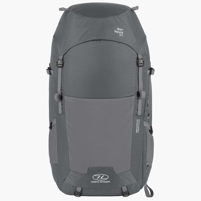 Gray 52 Litre backpack with visible Highlander branding on a white background