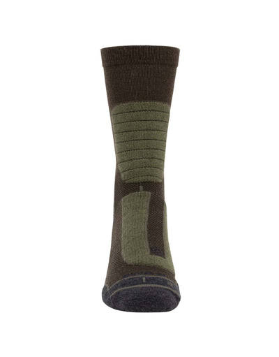 Green and brown sock on a white background