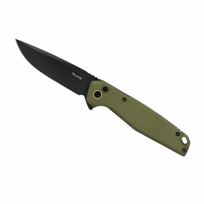 Folding knife with green handle and black blade on a white background