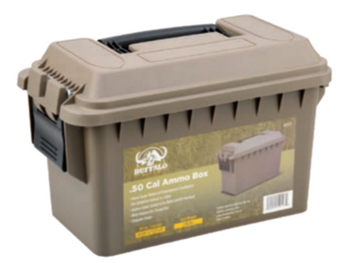 A lockable dark earth colored plastic ammo box with a Buffalo River brand label.