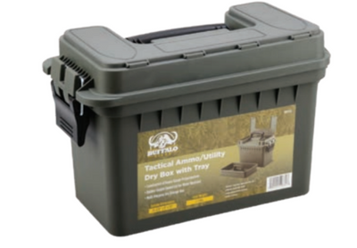 A green BUFFALO RIVER utility dry storage box with a tool tray, featuring a label that reads 'Tactical Ammunition Dry Box with Tray'.