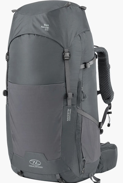 Grey highlander branded backpack on a white background