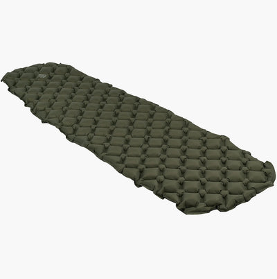 Green inflatable sleeping pad on a white background