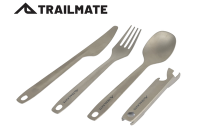 A 4-piece titanium cutlery set including a knife, fork, spoon, and a can/bottle opener, with a mesh carry bag. All items are silver-colored and have 'TRAILMATE' branding.