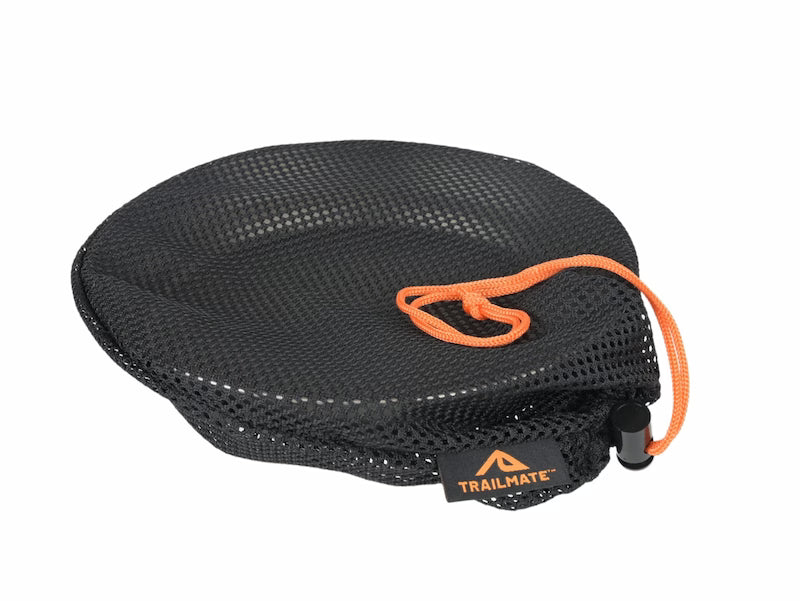 Black mesh pouch with orange drawstring and Trailmate logo on a white background