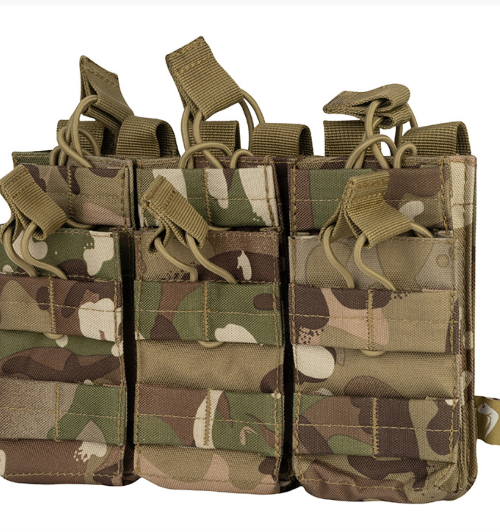 A Viper Tactical Duo Mag Pouch Treble in camouflage pattern, designed to hold multiple magazines with MOLLE attachments and quick release bungee retainers.