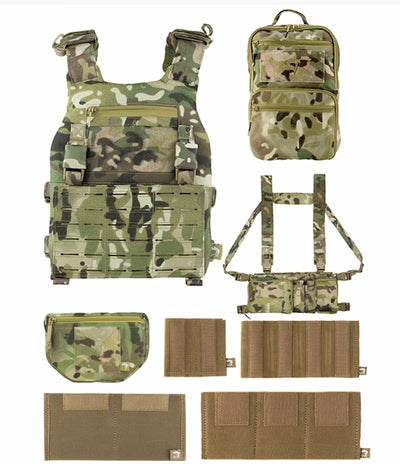 Camouflage tactical vest and accessories on a white background