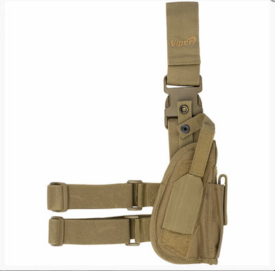 Tan tactical holster with multiple straps on a white background, featuring the Viper brand.