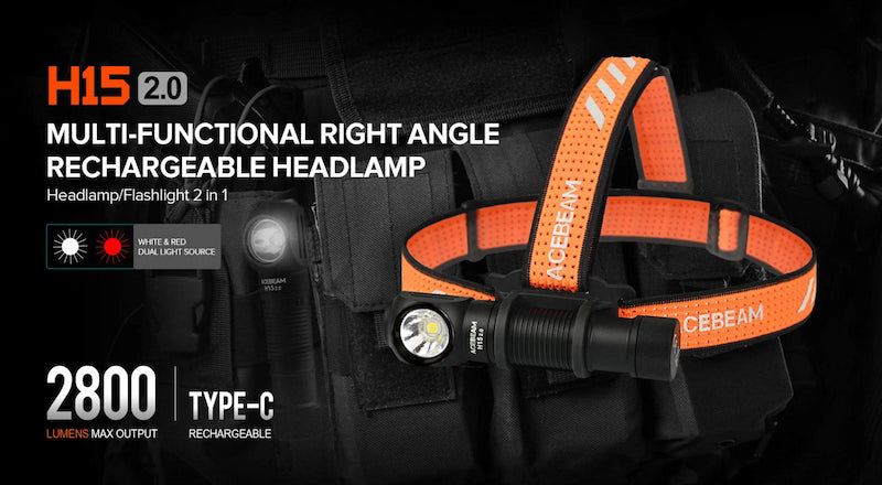 Acebeam H15 2.0 multi-functional right angle rechargeable headlamp on a black background