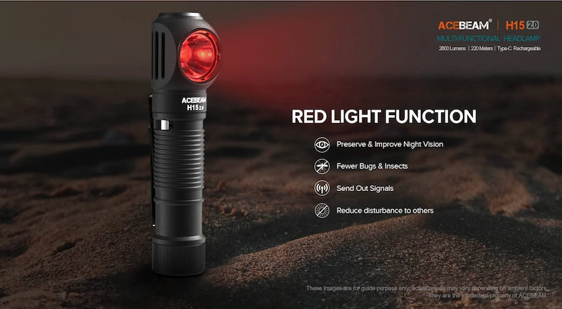 Acebeam H15 red light flashlight on a dark background with text highlighting features.