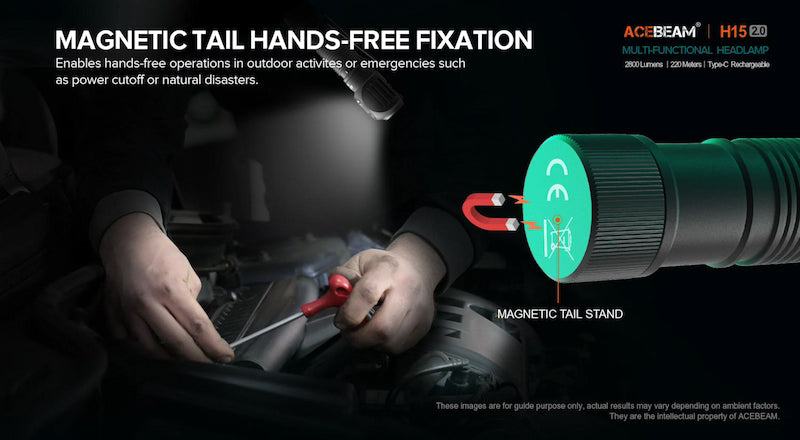 Acebeam H15 multifunctional headlamp with magnetic tail stand feature, used for hands-free operations.