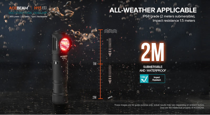 Acebeam H15 flashlight with specifications on a dark background
