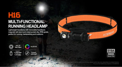 Acerbeam H16 multi-functional running headlamp with a person using it in the dark.