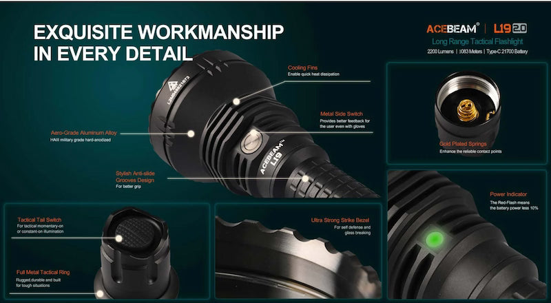 Acebeam L15R tactical flashlight with detailed features on a dark background