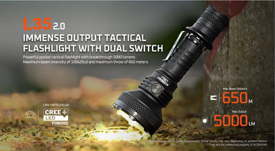 Tactical flashlight with dual switch on a natural background
