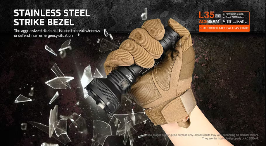 Hand wearing a tactical glove holding a flashlight with shattered glass effect, emphasizing the flashlight's strength.
