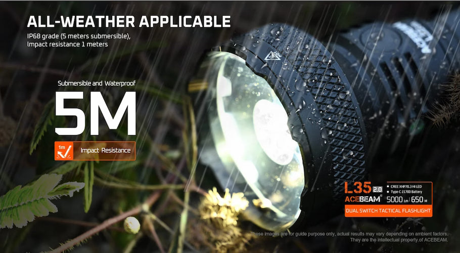Flashlight with water resistance rating on a natural background