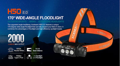 Orange Acebeam H50 2.0 headlight with specifications on a dark background