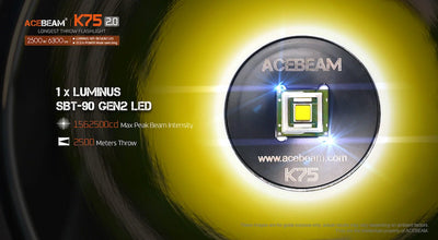 Acebeam K75 flashlight with Luminus SBT-90 Gen2 LED on a dark background