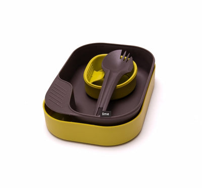 Yellow and black outdoor餐具套装 on a white background