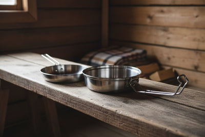 Two metal pots on a wooden surface inside a wooden cabin.
