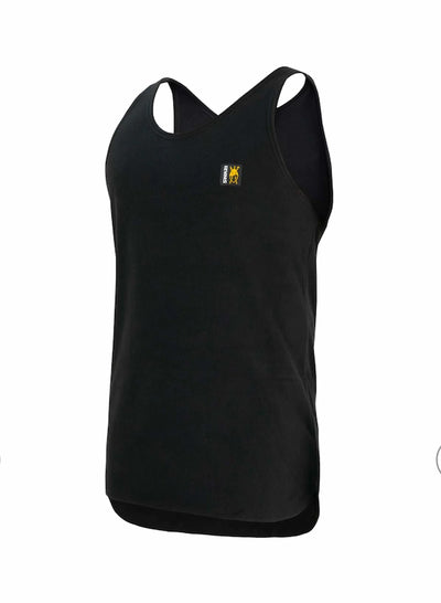 Black tank top with a small logo on a white background