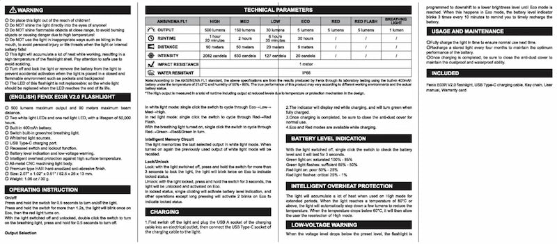 Technical specifications and operating instructions for a product on a white background