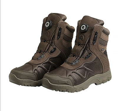 Pair of brown tactical boots on a white background