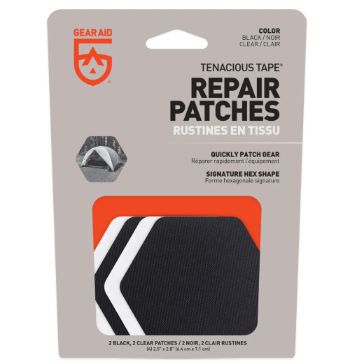 Packaging of Gear Aid Tenacious Tape with hexagonal shaped black and clear patches for repairing fabrics
