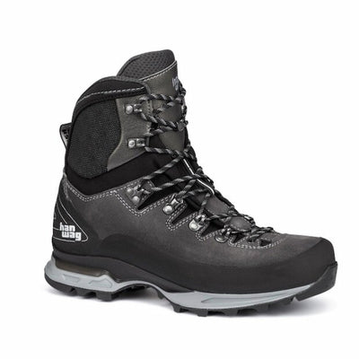 A dark gray and black high-top hiking boot with gray laces and metal eyelets, shown from a three-quarters angle on a white background.
