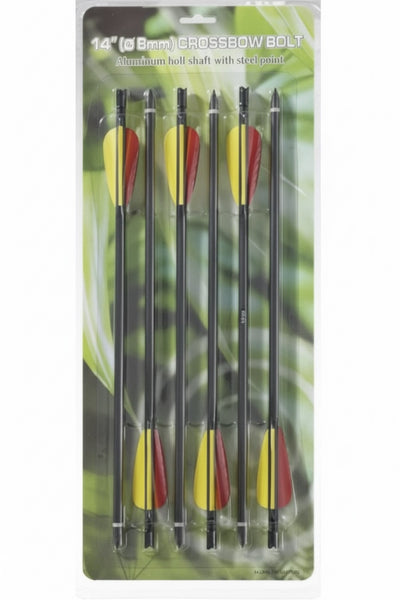 Pack of five 14-inch (36 mm) crossbow bolts with black aluminum shafts and yellow-and-red fletching, packaged in a clear blister pack with a green leaf-pattern backing card.