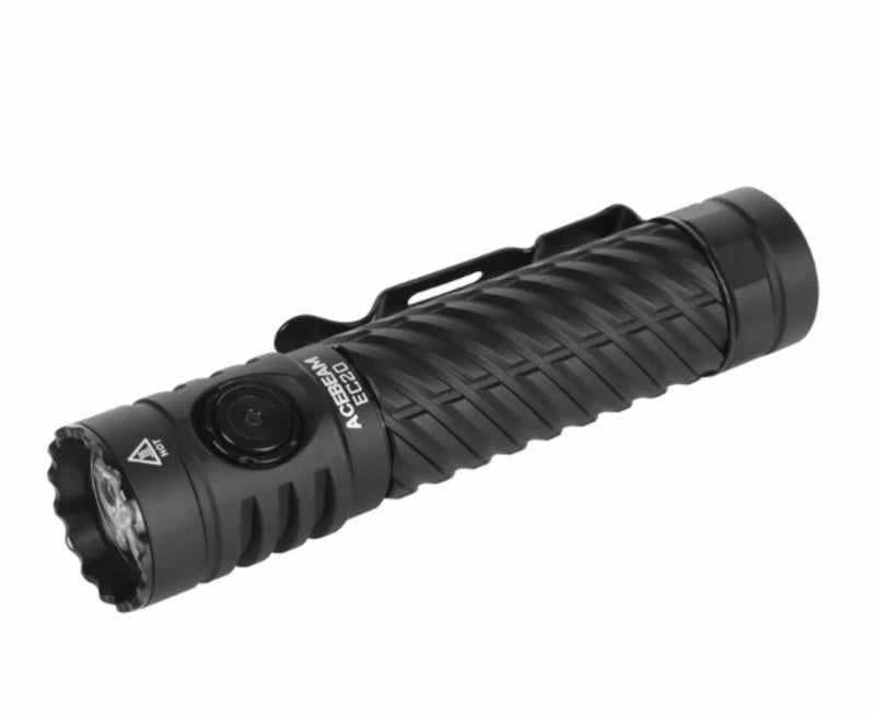 Black flashlight with a visible brand logo on a white background